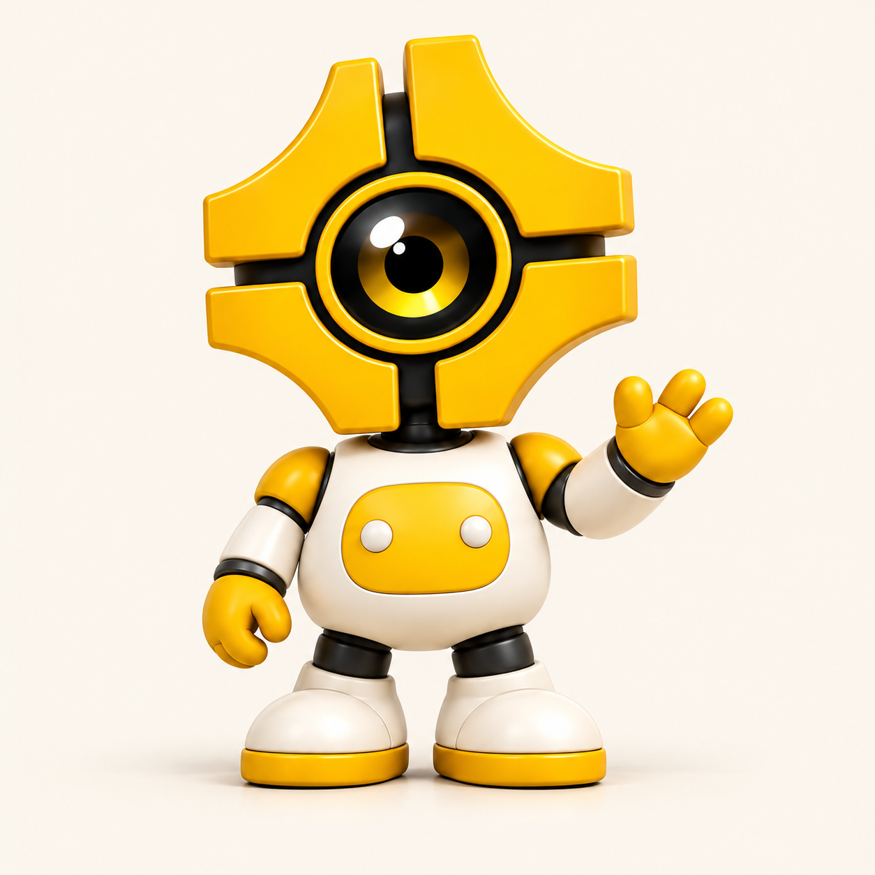La mascotte Pegolotti, petit robot ivoire et jaune à un seul œil, vous salue.