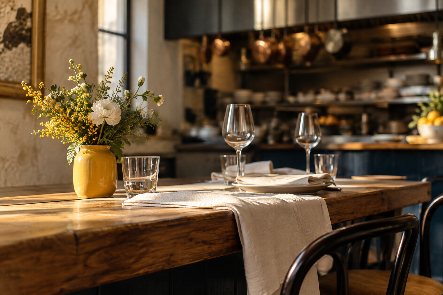Un comptoir de bistrot chaleureux éclairé par la lumière naturelle.